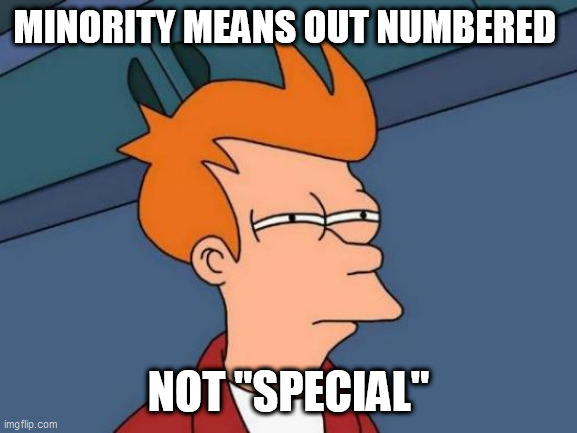 Futurama Fry | MINORITY MEANS OUT NUMBERED; NOT "SPECIAL" | image tagged in memes,futurama fry | made w/ Imgflip meme maker