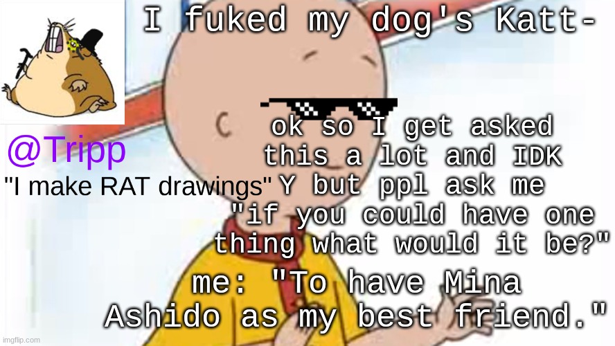 Or my lover IDK | I fuked my dog's Katt-; ok so I get asked this a lot and IDK Y but ppl ask me "if you could have one thing what would it be?"; me: "To have Mina Ashido as my best friend." | image tagged in tripp temp 2,skrrr | made w/ Imgflip meme maker