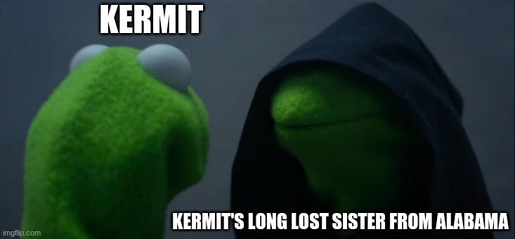 Kemit is from Alabama | KERMIT; KERMIT'S LONG LOST SISTER FROM ALABAMA | image tagged in memes,evil kermit | made w/ Imgflip meme maker