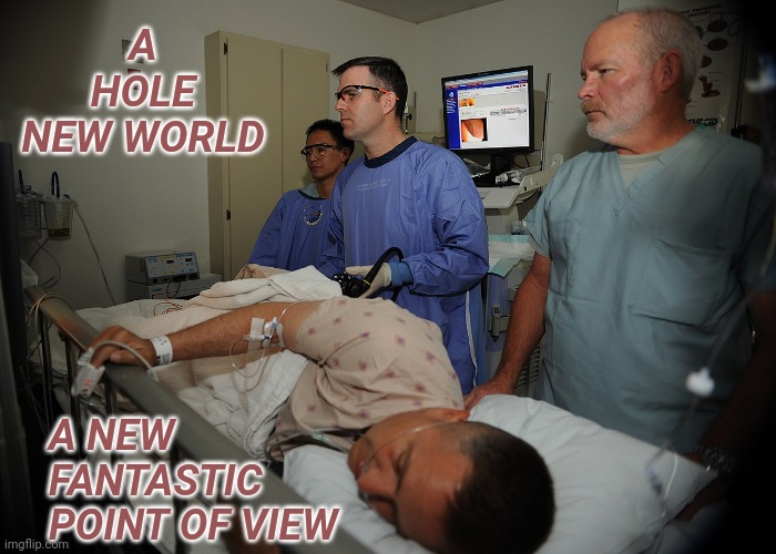 A Hole New World | A
HOLE
NEW WORLD; A NEW FANTASTIC POINT OF VIEW | image tagged in doctor,colonoscopy,perspective,nurses,disney,aladdin | made w/ Imgflip meme maker