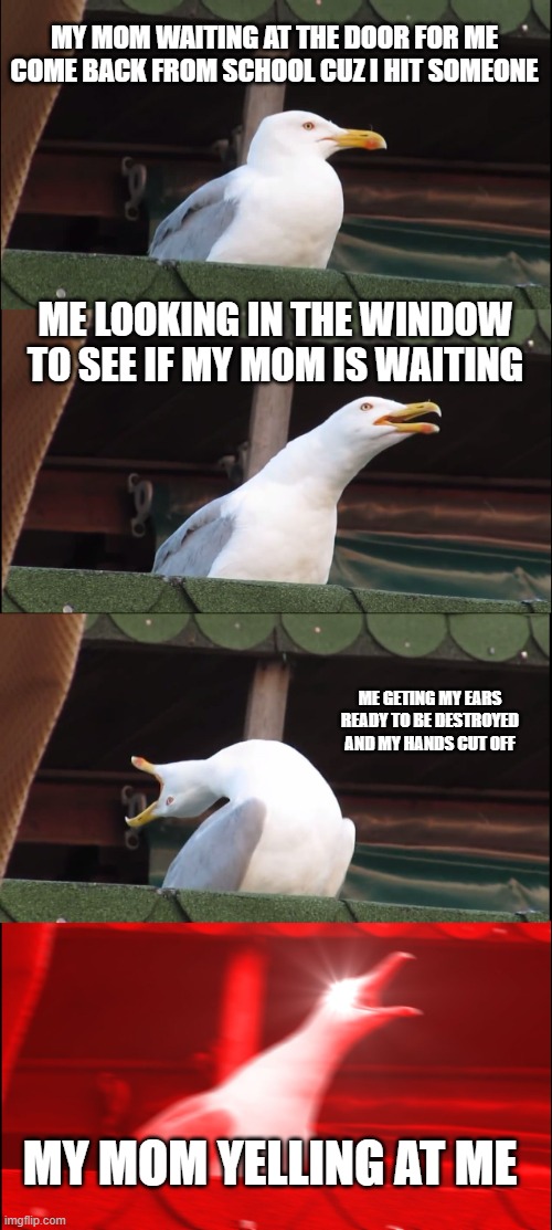 mom`s | MY MOM WAITING AT THE DOOR FOR ME COME BACK FROM SCHOOL CUZ I HIT SOMEONE; ME LOOKING IN THE WINDOW TO SEE IF MY MOM IS WAITING; ME GETING MY EARS READY TO BE DESTROYED AND MY HANDS CUT OFF; MY MOM YELLING AT ME | image tagged in memes,inhaling seagull | made w/ Imgflip meme maker