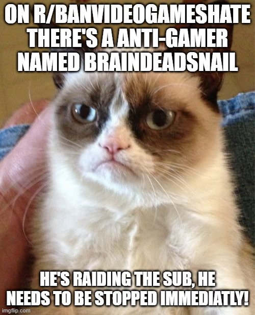his username checks out just sayin' | ON R/BANVIDEOGAMESHATE THERE'S A ANTI-GAMER NAMED BRAINDEADSNAIL; HE'S RAIDING THE SUB, HE NEEDS TO BE STOPPED IMMEDIATLY! | image tagged in memes,grumpy cat,r/banvideogames sucks | made w/ Imgflip meme maker