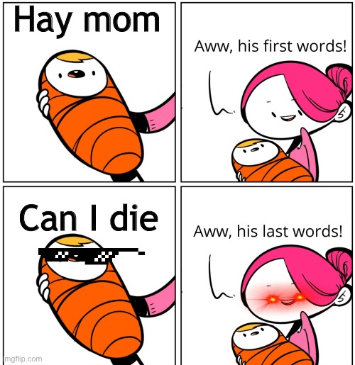 Aww, His Last Words | Hay mom; Can I die | image tagged in aww his last words | made w/ Imgflip meme maker