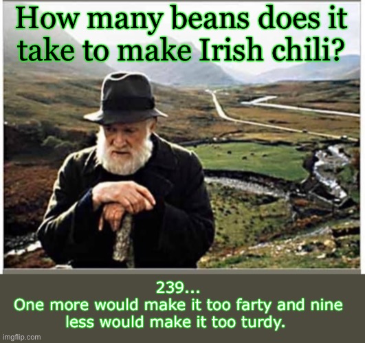Irish Chili | How many beans does it take to make Irish chili? 239...
One more would make it too farty and nine less would make it too turdy. | image tagged in st patrick's day,irish,jokes | made w/ Imgflip meme maker