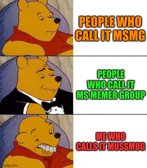why tho | PEOPLE WHO CALL IT MSMG; PEOPLE WHO CALL IT MS MEMER GROUP; ME WHO CALLS IT MUSSMUG | image tagged in best better blurst | made w/ Imgflip meme maker