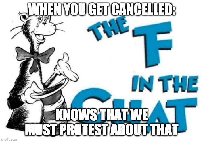 The F in the Chat | WHEN YOU GET CANCELLED: KNOWS THAT WE MUST PROTEST ABOUT THAT | image tagged in the f in the chat | made w/ Imgflip meme maker