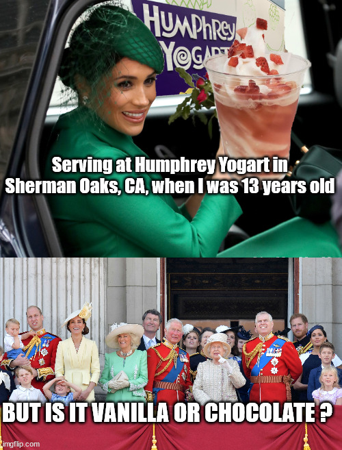  Serving at Humphrey Yogart in Sherman Oaks, CA, when I was 13 years old; BUT IS IT VANILLA OR CHOCOLATE ? | image tagged in british royals,meghan markle,humphrey yogart,frozen yogurt | made w/ Imgflip meme maker