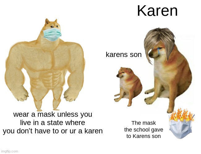 Buff Doge vs. Cheems | Karen; karens son; wear a mask unless you live in a state where you don't have to or ur a karen; The mask the school gave to Karens son | image tagged in memes,buff doge vs cheems,karen,face mask,doge,tag | made w/ Imgflip meme maker