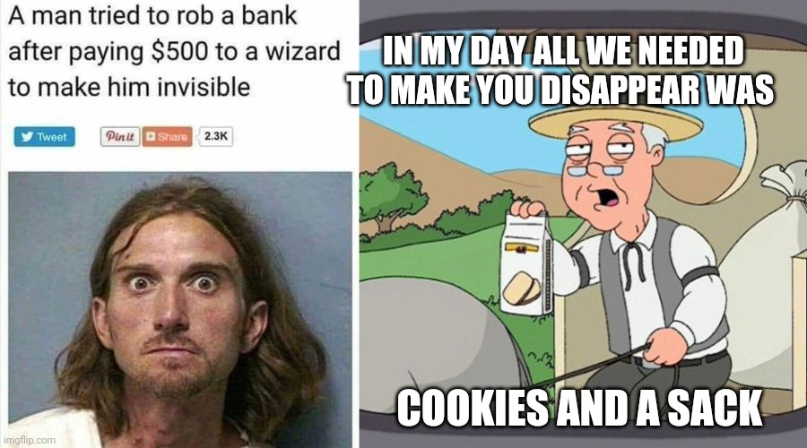 IN MY DAY ALL WE NEEDED TO MAKE YOU DISAPPEAR WAS; COOKIES AND A SACK | image tagged in memes,pepperidge farm remembers,cookies,wizard,john cusack | made w/ Imgflip meme maker