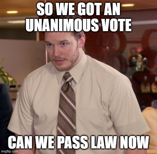 This law was a success | SO WE GOT AN UNANIMOUS VOTE; CAN WE PASS LAW NOW | image tagged in memes,afraid to ask andy,law | made w/ Imgflip meme maker