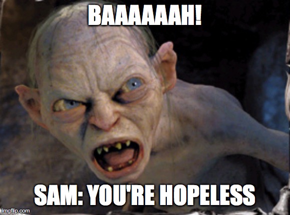 Gollum lord of the rings | BAAAAAAH! SAM: YOU'RE HOPELESS | image tagged in gollum lord of the rings | made w/ Imgflip meme maker