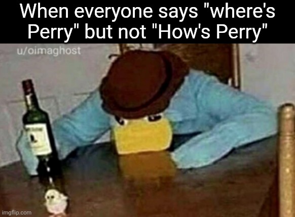 Sad Perry | When everyone says "where's Perry" but not "How's Perry" | image tagged in sad perry | made w/ Imgflip meme maker