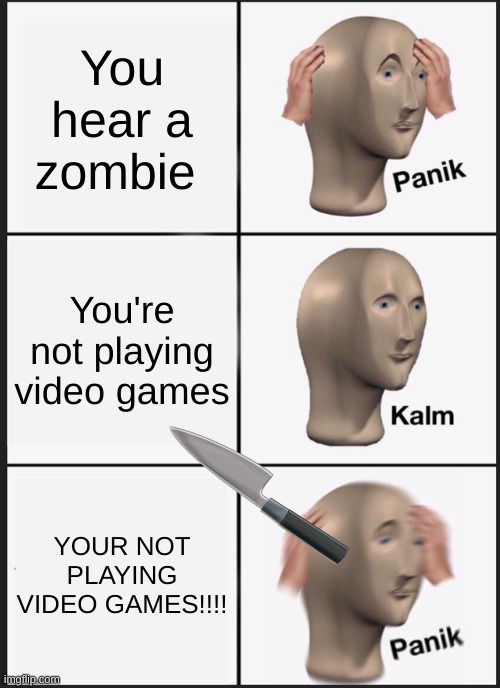 Zombies are here | You hear a zombie; You're not playing video games; YOUR NOT PLAYING VIDEO GAMES!!!! | image tagged in memes,panik kalm panik | made w/ Imgflip meme maker