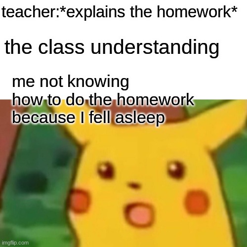 true story | teacher:*explains the homework*; the class understanding; me not knowing how to do the homework because I fell asleep | image tagged in memes,surprised pikachu | made w/ Imgflip meme maker