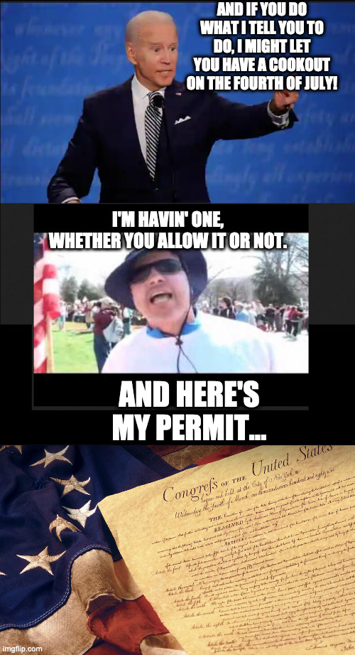Sure Thing Joe | AND IF YOU DO WHAT I TELL YOU TO DO, I MIGHT LET YOU HAVE A COOKOUT ON THE FOURTH OF JULY! I'M HAVIN' ONE, WHETHER YOU ALLOW IT OR NOT. AND HERE'S MY PERMIT... | image tagged in sure thing joe | made w/ Imgflip meme maker