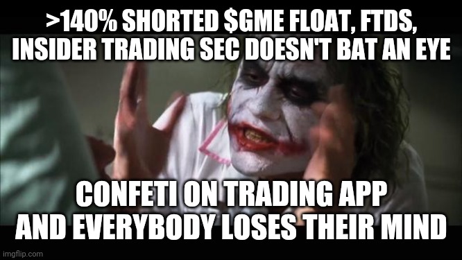 Real problems | >140% SHORTED $GME FLOAT, FTDS, INSIDER TRADING SEC DOESN'T BAT AN EYE; CONFETI ON TRADING APP AND EVERYBODY LOSES THEIR MIND | image tagged in memes,and everybody loses their minds,gme,stock market,congressional hearing | made w/ Imgflip meme maker