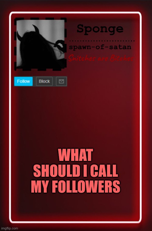 Spawn-of-satan temp | WHAT SHOULD I CALL MY FOLLOWERS | image tagged in spawn-of-satan temp | made w/ Imgflip meme maker