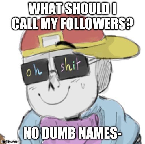 e | WHAT SHOULD I CALL MY FOLLOWERS? NO DUMB NAMES- | image tagged in fresh sans oh shit | made w/ Imgflip meme maker