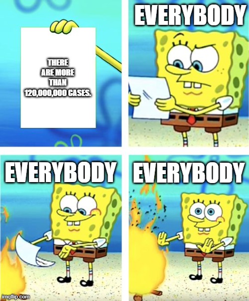 Can you guys just check the cases? | EVERYBODY; THERE ARE MORE THAN 120,000,000 CASES. EVERYBODY; EVERYBODY | image tagged in spongebob burning paper,bruh,coronavirus,2020,2021,unnecessary tags | made w/ Imgflip meme maker