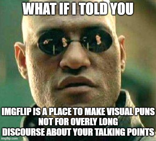 What if i told you | WHAT IF I TOLD YOU; IMGFLIP IS A PLACE TO MAKE VISUAL PUNS
NOT FOR OVERLY LONG DISCOURSE ABOUT YOUR TALKING POINTS | image tagged in what if i told you | made w/ Imgflip meme maker