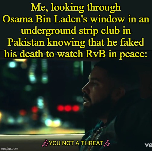 A Walk In The Neighborhood. (#4) | Me, looking through Osama Bin Laden's window in an underground strip club in Pakistan knowing that he faked his death to watch RvB in peace: | image tagged in drake not a threat | made w/ Imgflip meme maker