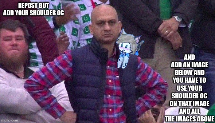 putting a twist on a classic | REPOST BUT ADD YOUR SHOULDER OC; AND ADD AN IMAGE BELOW AND YOU HAVE TO USE YOUR SHOULDER OC ON THAT IMAGE AND ALL THE IMAGES ABOVE | image tagged in angry pakistani fan | made w/ Imgflip meme maker