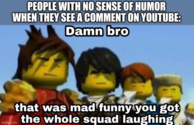 Damn bro you got the whole squad laughing | PEOPLE WITH NO SENSE OF HUMOR WHEN THEY SEE A COMMENT ON YOUTUBE: | image tagged in damn bro you got the whole squad laughing | made w/ Imgflip meme maker