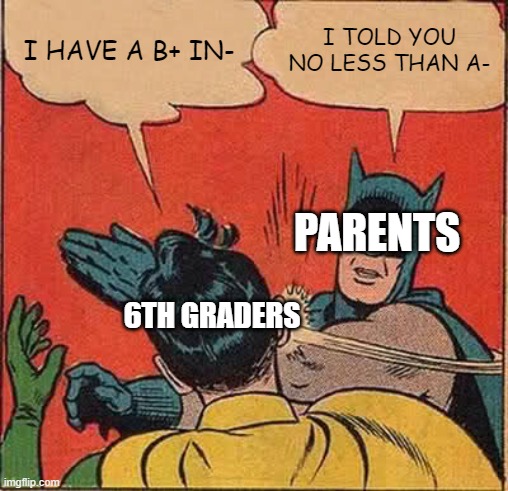 Batman Slapping Robin | I HAVE A B+ IN-; I TOLD YOU NO LESS THAN A-; PARENTS; 6TH GRADERS | image tagged in memes,batman slapping robin | made w/ Imgflip meme maker