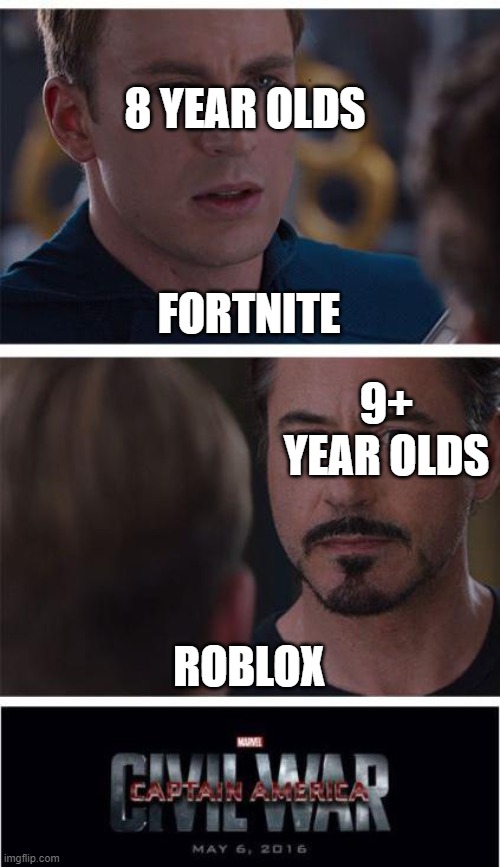 Marvel Civil War 1 | 8 YEAR OLDS; FORTNITE; 9+ YEAR OLDS; ROBLOX | image tagged in memes,marvel civil war 1 | made w/ Imgflip meme maker