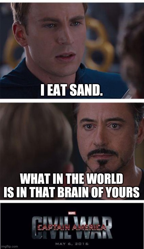 Sand is a actually my second favourite food. First is leaves... | I EAT SAND. WHAT IN THE WORLD IS IN THAT BRAIN OF YOURS | image tagged in memes,marvel civil war 1 | made w/ Imgflip meme maker