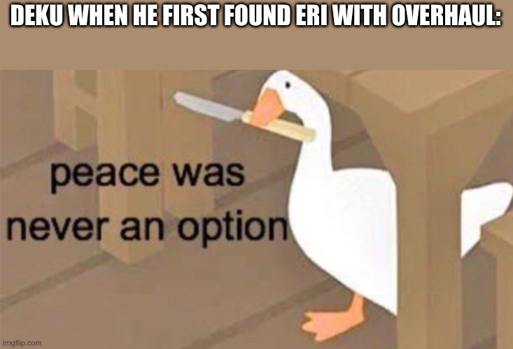 Untitled Goose Peace Was Never an Option | DEKU WHEN HE FIRST FOUND ERI WITH OVERHAUL: | image tagged in untitled goose peace was never an option | made w/ Imgflip meme maker