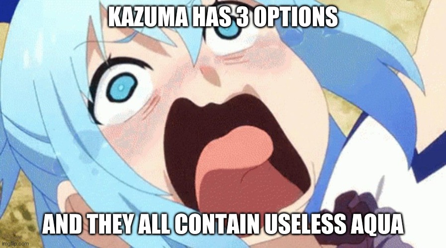 aqua so useless | KAZUMA HAS 3 OPTIONS; AND THEY ALL CONTAIN USELESS AQUA | image tagged in anime memes,anime meme,anime | made w/ Imgflip meme maker