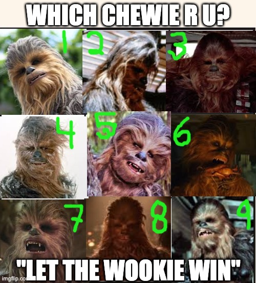 Which Chewbacca Are You | WHICH CHEWIE R U? "LET THE WOOKIE WIN" | image tagged in which one are you,star wars,chewbacca,wookie | made w/ Imgflip meme maker