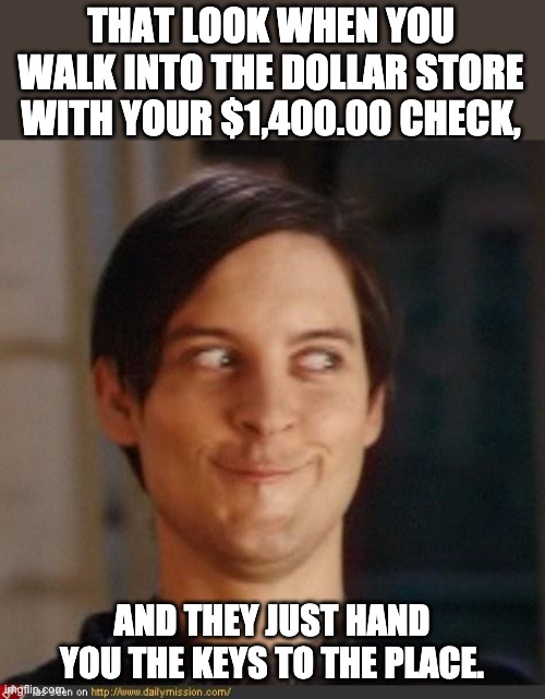 Dollar Store | THAT LOOK WHEN YOU WALK INTO THE DOLLAR STORE WITH YOUR $1,400.00 CHECK, AND THEY JUST HAND YOU THE KEYS TO THE PLACE. | image tagged in that look you give your friend | made w/ Imgflip meme maker