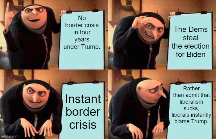 Yay liberalism, eh? | No border crisis in four years under Trump. The Dems steal the election for Biden; Rather than admit that liberalism sucks, liberals instantly blame Trump. Instant border crisis | image tagged in memes,gru's plan | made w/ Imgflip meme maker