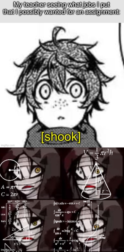 First she shOOk then she confused XD | My teacher seeing what jobs I put that I possibly wanted for an assignment: | image tagged in shook eddie,confused zack | made w/ Imgflip meme maker