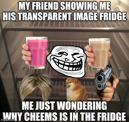 Empty fridge | MY FRIEND SHOWING ME HIS TRANSPARENT IMAGE FRIDGE; ME JUST WONDERING WHY CHEEMS IS IN THE FRIDGE | image tagged in empty fridge | made w/ Imgflip meme maker