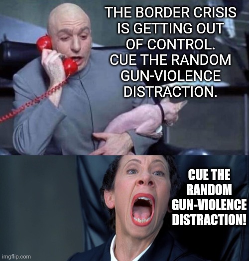 midnight train | THE BORDER CRISIS
IS GETTING OUT
OF CONTROL.
CUE THE RANDOM
GUN-VIOLENCE
DISTRACTION. CUE THE RANDOM GUN-VIOLENCE DISTRACTION! | image tagged in dr evil and frau,secure the border,gun control | made w/ Imgflip meme maker