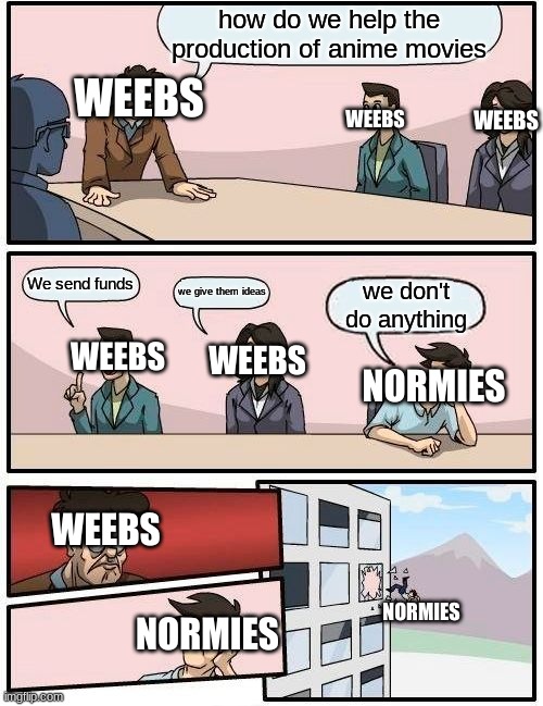 Normies vs Weebs | how do we help the production of anime movies; WEEBS; WEEBS; WEEBS; We send funds; we give them ideas; we don't do anything; WEEBS; NORMIES; WEEBS; WEEBS; NORMIES; NORMIES | image tagged in memes,boardroom meeting suggestion,anime | made w/ Imgflip meme maker