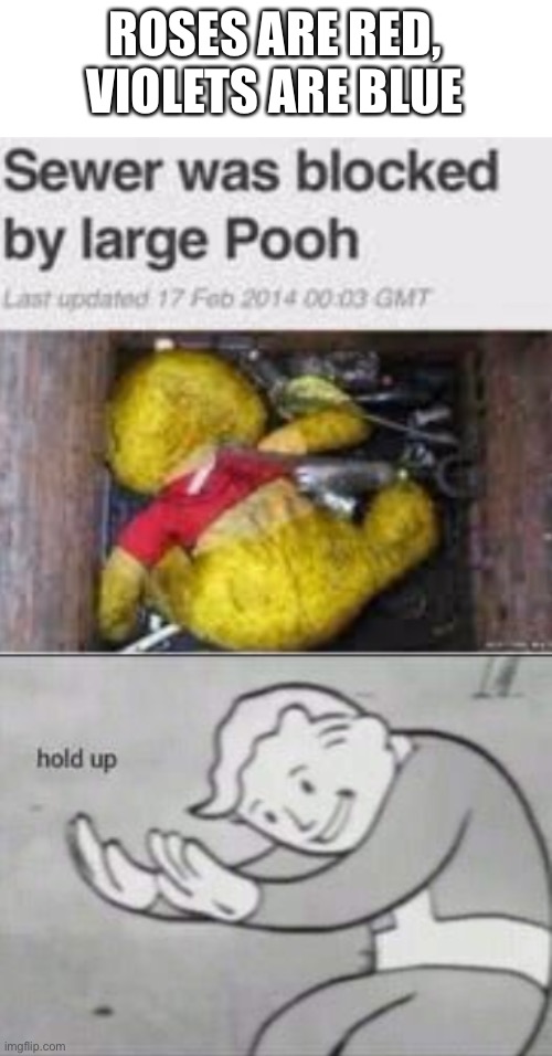 ROSES ARE RED, VIOLETS ARE BLUE | image tagged in fallout hold up | made w/ Imgflip meme maker