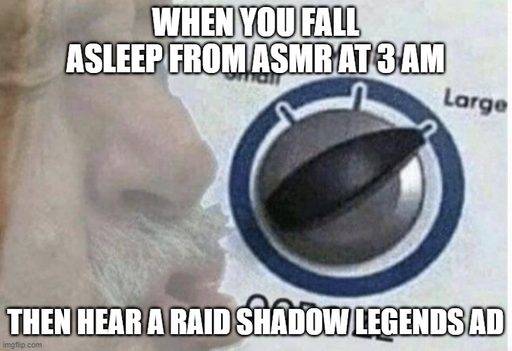 this is why i dont sleep >:C | WHEN YOU FALL ASLEEP FROM ASMR AT 3 AM; THEN HEAR A RAID SHADOW LEGENDS AD | image tagged in oof size large | made w/ Imgflip meme maker