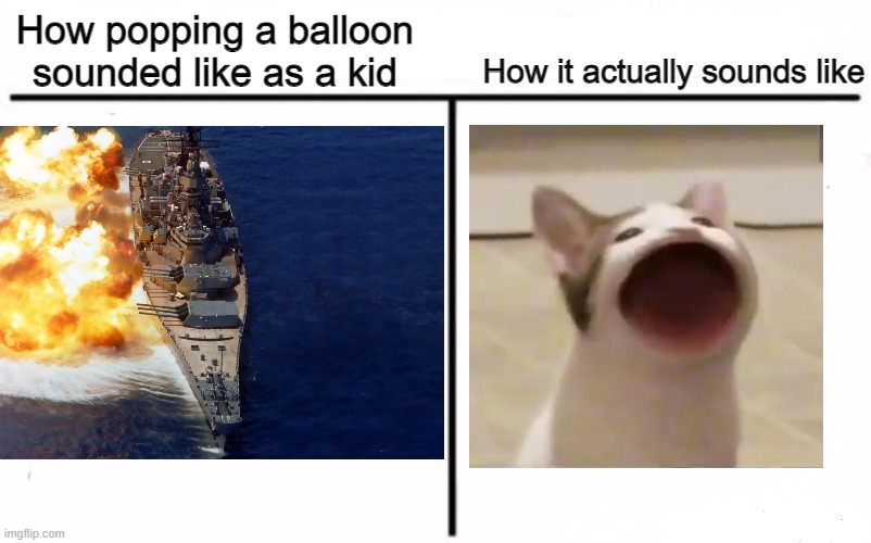 kaboom? yes Rico, Kaboom | How it actually sounds like; How popping a balloon sounded like as a kid | image tagged in memes,funny memes,cat,battleship | made w/ Imgflip meme maker