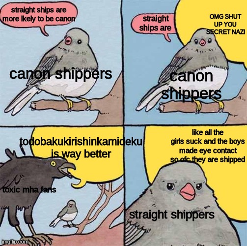 Interupting crow meme | straight ships are more lkely to be canon straight ships are OMG SHUT UP YOU SECRET NAZI todobakukirishinkamideku is way better like all the | image tagged in interupting crow meme | made w/ Imgflip meme maker