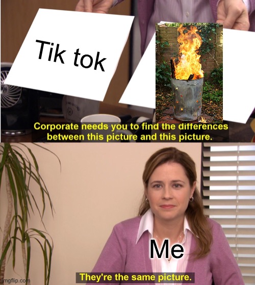 Flaming garbage | Tik tok; Me | image tagged in memes,they're the same picture | made w/ Imgflip meme maker
