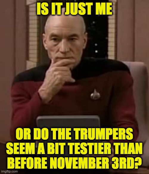 Remember remember the 3rd of November  ( : | IS IT JUST ME; OR DO THE TRUMPERS
SEEM A BIT TESTIER THAN
BEFORE NOVEMBER 3RD? | image tagged in picard thinking,memes,trumpers,november 3rd,is it just me | made w/ Imgflip meme maker