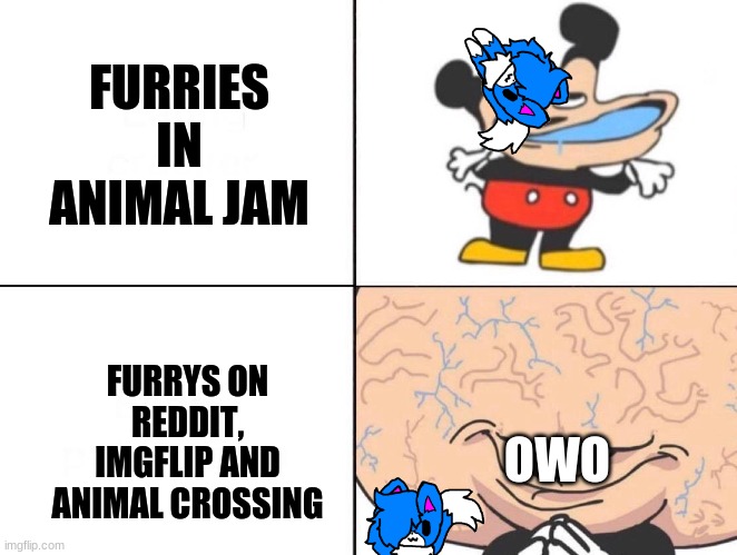 The new furry convention is called ANIMAL CROSSING | FURRIES IN ANIMAL JAM; FURRYS ON REDDIT, IMGFLIP AND ANIMAL CROSSING; OWO | image tagged in big brain mickey,furry memes | made w/ Imgflip meme maker