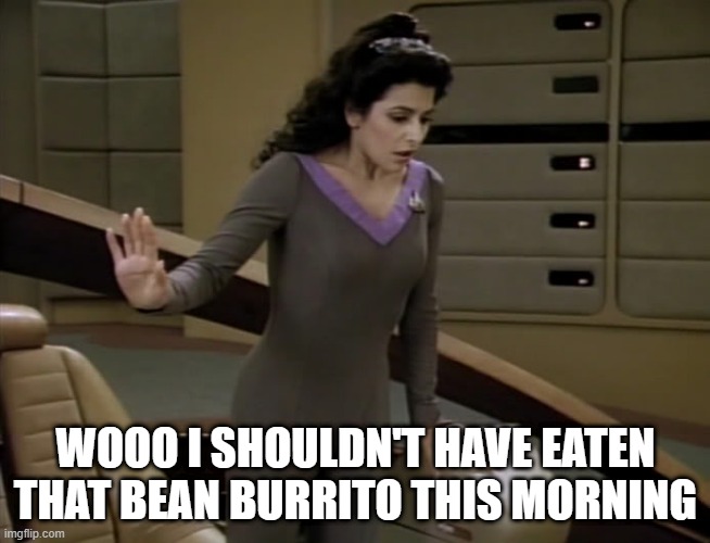 Shouldna Run for the Border | WOOO I SHOULDN'T HAVE EATEN THAT BEAN BURRITO THIS MORNING | image tagged in deanna toi star trek | made w/ Imgflip meme maker