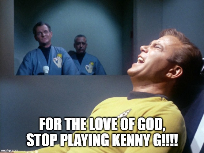 Torture All Right | FOR THE LOVE OF GOD, STOP PLAYING KENNY G!!!! | image tagged in captain kirk star trek agony | made w/ Imgflip meme maker