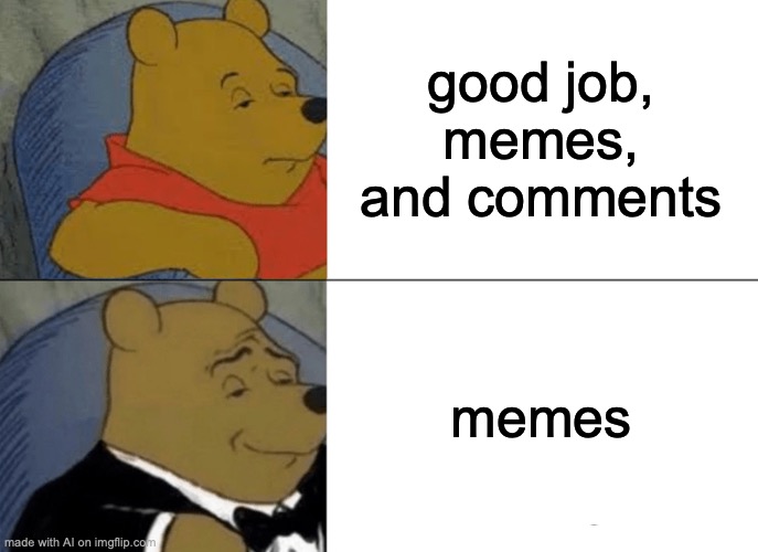 Work hard, play hard | good job, memes, and comments; memes | image tagged in memes,tuxedo winnie the pooh | made w/ Imgflip meme maker