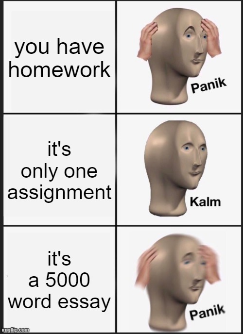Panik Kalm Panik | you have homework; it's only one assignment; it's a 5000 word essay | image tagged in memes,panik kalm panik | made w/ Imgflip meme maker